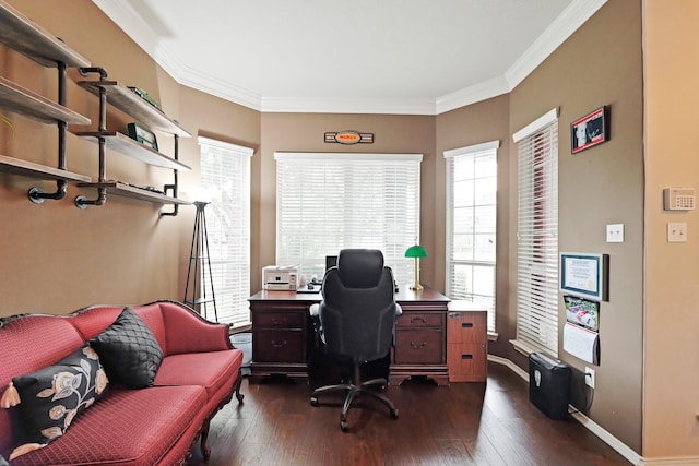 18114 Rustic Springs Dr, Tomball, TX 77375 - office area featuring healthy amount of natural light, dark wood-type flooring, and ornamental molding