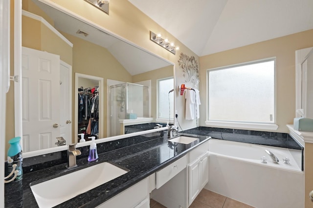 18114 Rustic Springs Dr, Tomball, TX 77375 - bathroom featuring vaulted ceiling, a stall shower, a bath, a spacious closet, and double vanity