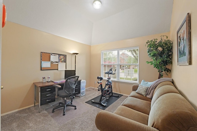 18114 Rustic Springs Dr, Tomball, TX 77375 - office area featuring vaulted ceiling and light carpet