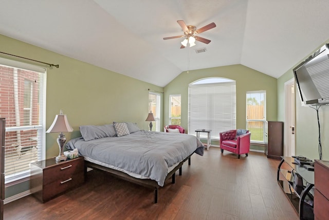 18114 Rustic Springs Dr, Tomball, TX 77375 - bedroom featuring dark wood-type flooring, vaulted ceiling, and ceiling fan