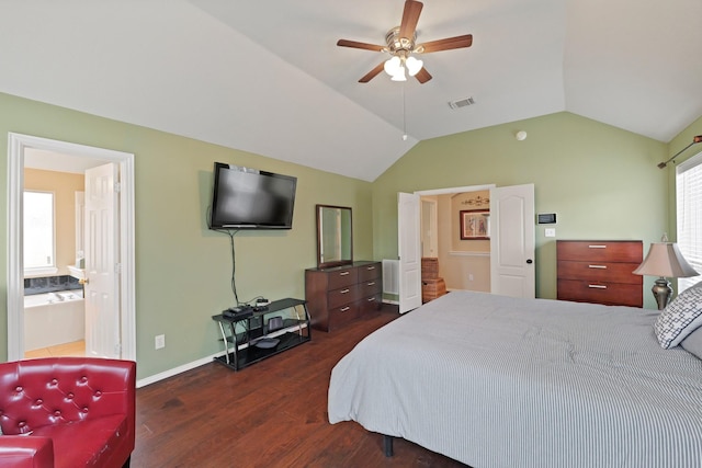 18114 Rustic Springs Dr, Tomball, TX 77375 - bedroom featuring wood finished floors, vaulted ceiling, and ceiling fan