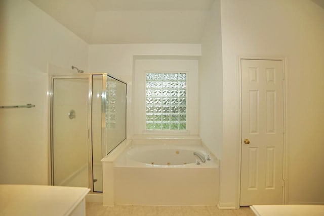 14811 Horse Creek Ln, Sugar Land, TX 77498 - full bath with a stall shower, a whirlpool tub, tile patterned floors, and vanity