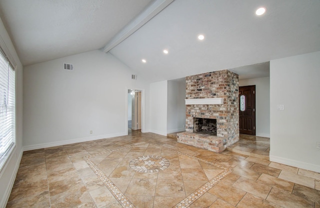 22710 Earlmist Dr, Spring, TX 77373 - unfurnished living room with beamed ceiling, high vaulted ceiling, a fireplace, and recessed lighting