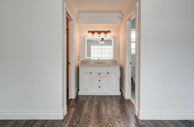 22710 Earlmist Dr, Spring, TX 77373 - hall featuring dark wood-style floors and ornamental molding