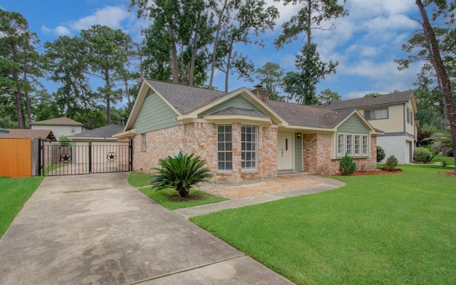 22710 Earlmist Dr, Spring, TX 77373 - view of front facade with a gate, a front yard, concrete driveway, a chimney, and brick siding