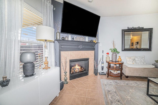 21530 Amesbury Meadow Ln, Spring, TX 77379 - tiled living room with a fireplace