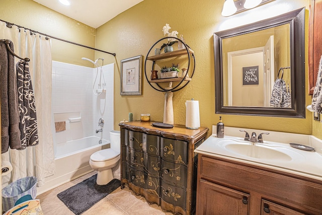 21530 Amesbury Meadow Ln, Spring, TX 77379 - full bathroom with shower / bathtub combination with curtain, tile patterned floors, vanity, and a textured wall