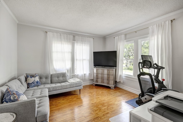 936 W Temple St, Houston, TX 77009 - living room with ornamental molding, a textured ceiling, and light wood-style floors