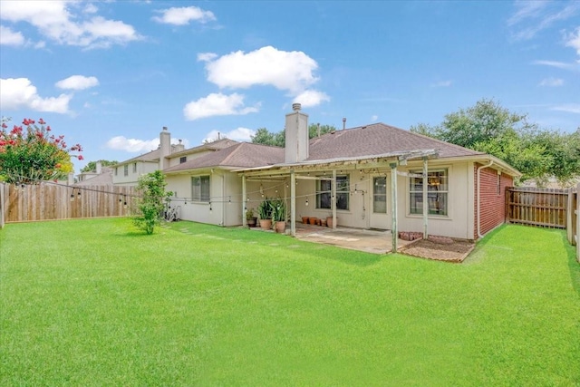 2210 Elm Forest Dr, Pearland, TX 77584 - rear view of house featuring a fenced backyard, a patio area, a chimney, and roof with shingles