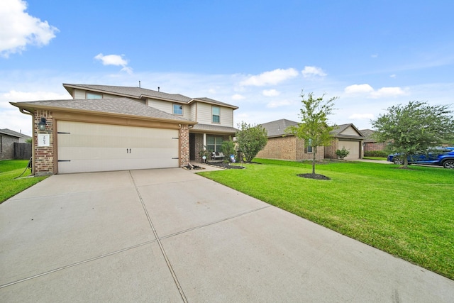 29023 Jacobs River Dr, Katy, TX 77494 - traditional-style house with brick siding, an attached garage, driveway, and a front yard