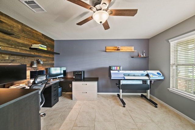 29023 Jacobs River Dr, Katy, TX 77494 - office space with a ceiling fan, wooden walls, and light tile patterned floors
