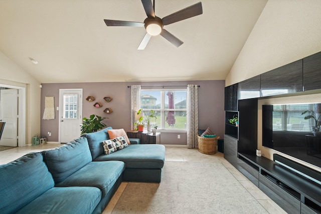 29023 Jacobs River Dr, Katy, TX 77494 - living room with vaulted ceiling, ceiling fan, and light tile patterned floors
