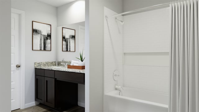 13328 Burbot Dr, Conroe, TX 77384 - full bath featuring vanity, shower / tub combo, and wood finished floors