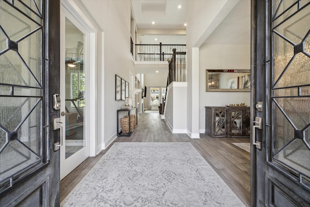 19526 Rock Quillwort Rd, Cypress, TX 77433 - entryway featuring wood finished floors, stairway, and recessed lighting