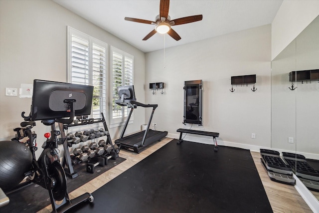 19526 Rock Quillwort Rd, Cypress, TX 77433 - workout room featuring wood finished floors and a ceiling fan