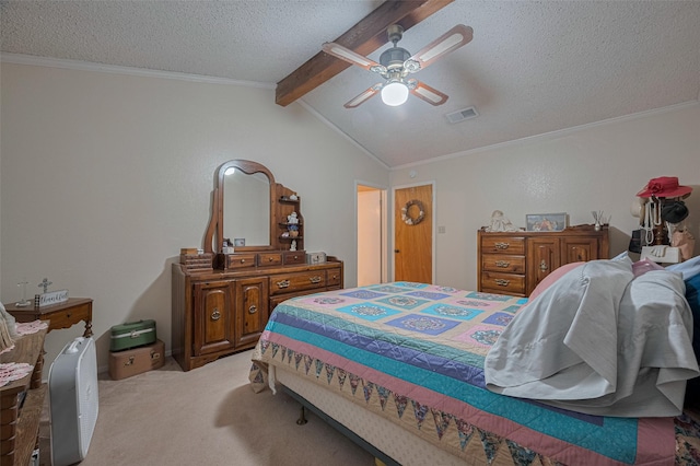 2017 Willow Bend Rd, Wharton, TX 77488 - bedroom featuring light carpet, a textured ceiling, crown molding, and ceiling fan