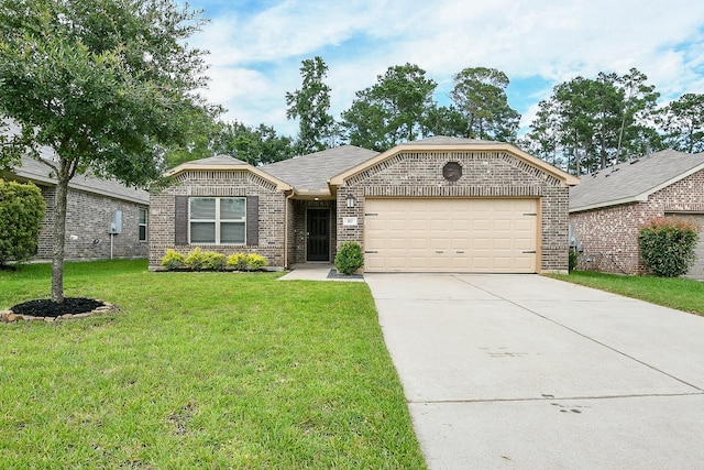 167 Courageous Side Way, Magnolia, TX 77354 - ranch-style home with brick siding, a garage, concrete driveway, and a front yard