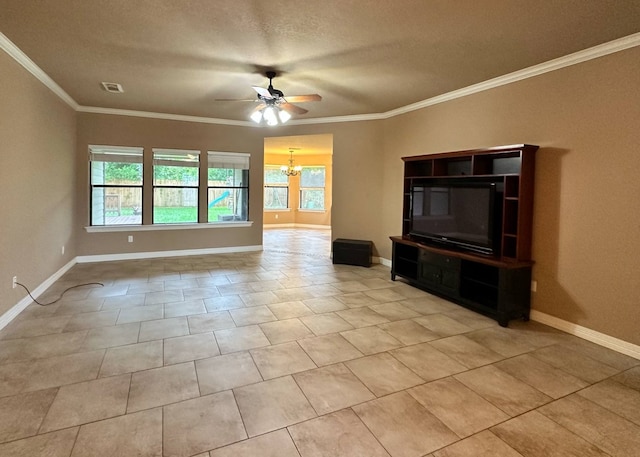 1040 Cardinal Dr, Richwood, TX 77566 - unfurnished living room with ceiling fan, crown molding, a chandelier, light tile patterned flooring, and a textured ceiling