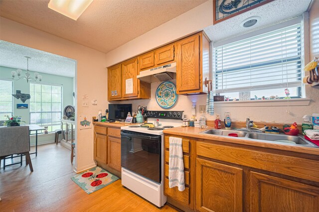 1805 Willow Bend Rd, Wharton, TX 77488 - kitchen featuring white electric stove, under cabinet range hood, a textured ceiling, light wood-type flooring, and light countertops