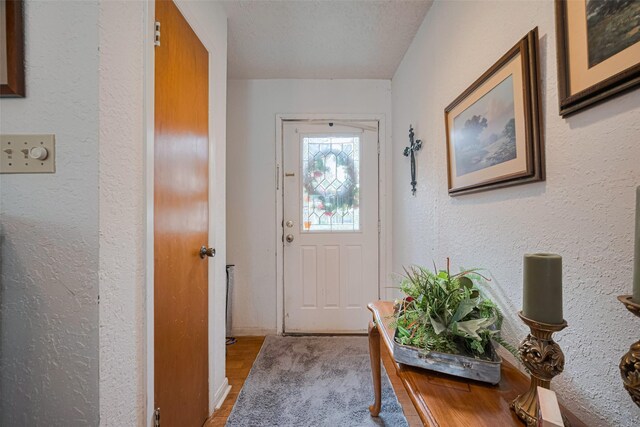 1805 Willow Bend Rd, Wharton, TX 77488 - entryway featuring wood finished floors, a textured wall, and a textured ceiling