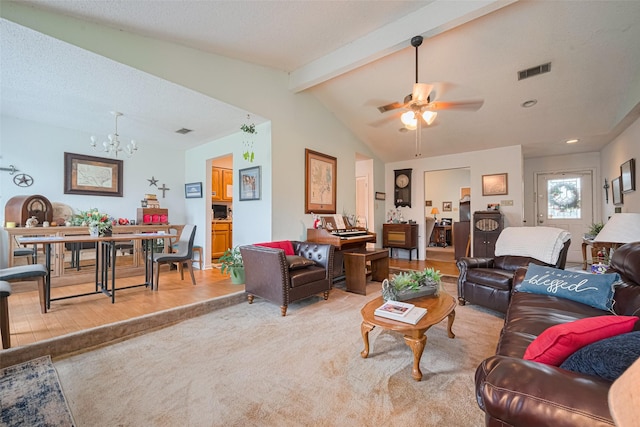 1805 Willow Bend Rd, Wharton, TX 77488 - living room featuring a chandelier, ceiling fan, and light colored carpet