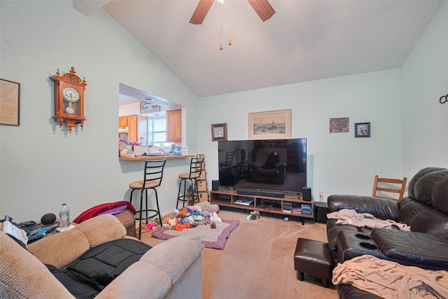 1805 Willow Bend Rd, Wharton, TX 77488 - living area featuring carpet flooring, a ceiling fan, and vaulted ceiling