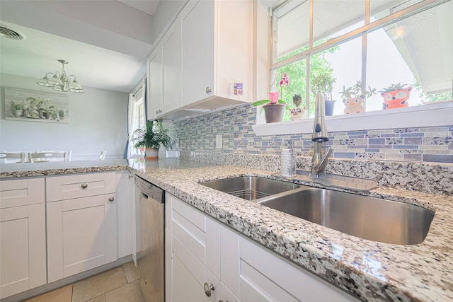 101 Wildrose St, Baytown, TX 77520 - kitchen featuring stainless steel dishwasher, decorative backsplash, a chandelier, and plenty of natural light