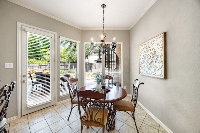4607 Wellbrook Ln, Katy, TX 77450 - dining space featuring a chandelier, light tile patterned floors, and crown molding