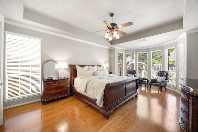 4607 Wellbrook Ln, Katy, TX 77450 - bedroom featuring a tray ceiling, light wood finished floors, access to exterior, multiple windows, and crown molding