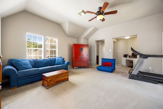 4607 Wellbrook Ln, Katy, TX 77450 - carpeted living room featuring a ceiling fan and lofted ceiling