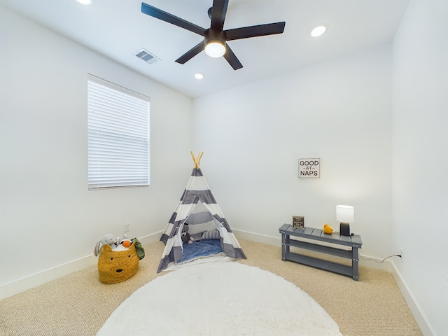 8319 Springwood Canyon Ln, Houston, TX 77055 - rec room with carpet flooring, ceiling fan, and recessed lighting