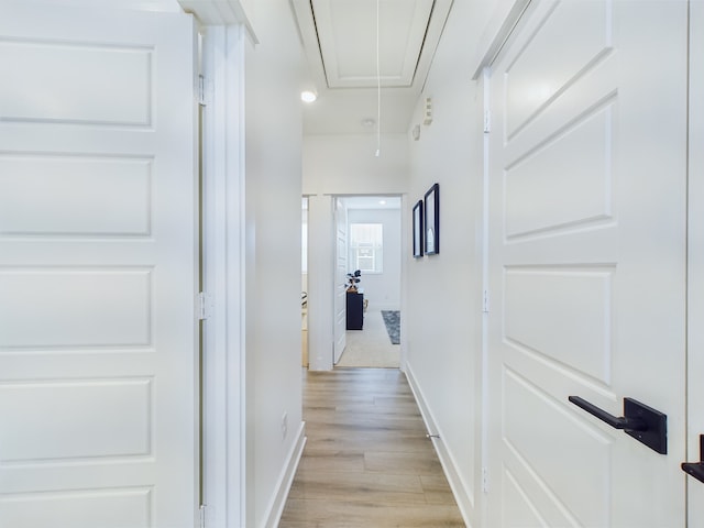 8319 Springwood Canyon Ln, Houston, TX 77055 - corridor with attic access and light wood-style flooring