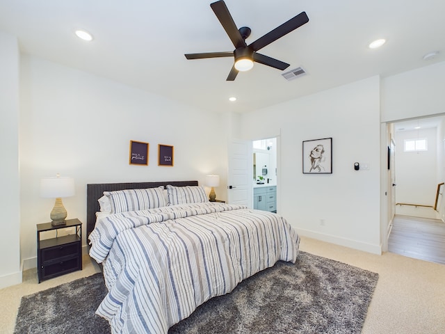 8319 Springwood Canyon Ln, Houston, TX 77055 - bedroom featuring light carpet, recessed lighting, a ceiling fan, and ensuite bathroom