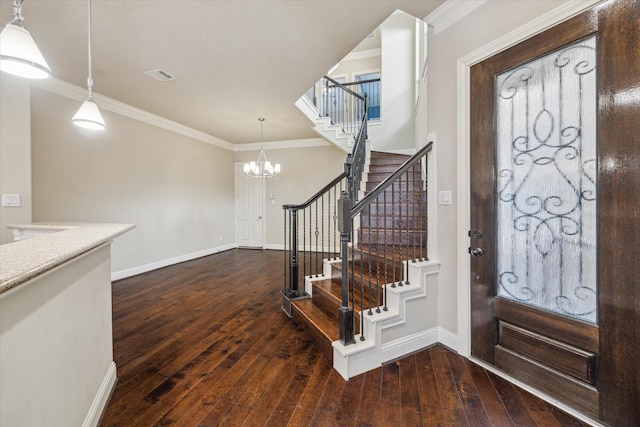 5708 Petty St Unit B, Houston, TX 77007 - foyer with hardwood / wood-style flooring, stairs, a chandelier, and ornamental molding