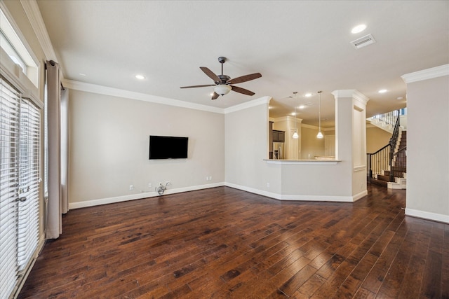 5708 Petty St Unit B, Houston, TX 77007 - unfurnished living room with plenty of natural light, ceiling fan, dark wood-style flooring, ornamental molding, and recessed lighting