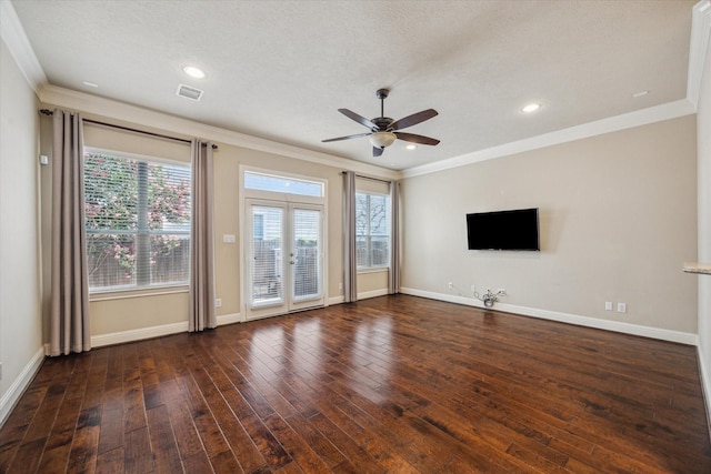 5708 Petty St Unit B, Houston, TX 77007 - unfurnished living room featuring crown molding, a ceiling fan, wood finished floors, french doors, and recessed lighting