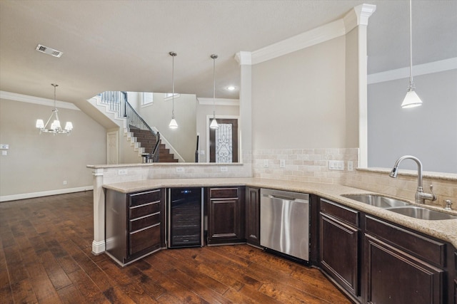 5708 Petty St Unit B, Houston, TX 77007 - kitchen featuring wine cooler, dishwasher, ornamental molding, dark brown cabinetry, and a peninsula