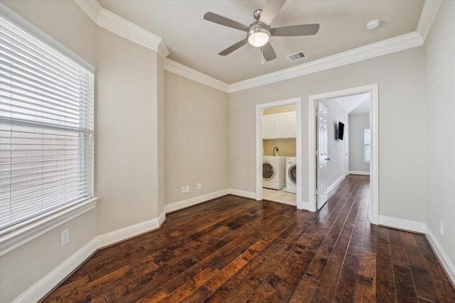 5708 Petty St Unit B, Houston, TX 77007 - spare room with washer and clothes dryer, ceiling fan, wood-type flooring, ornamental molding, and a smoke detector