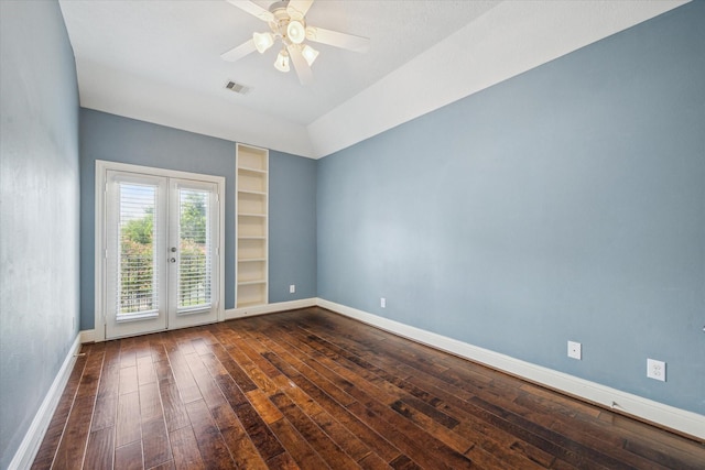 5708 Petty St Unit B, Houston, TX 77007 - unfurnished room featuring built in shelves, dark wood finished floors, ceiling fan, vaulted ceiling, and french doors