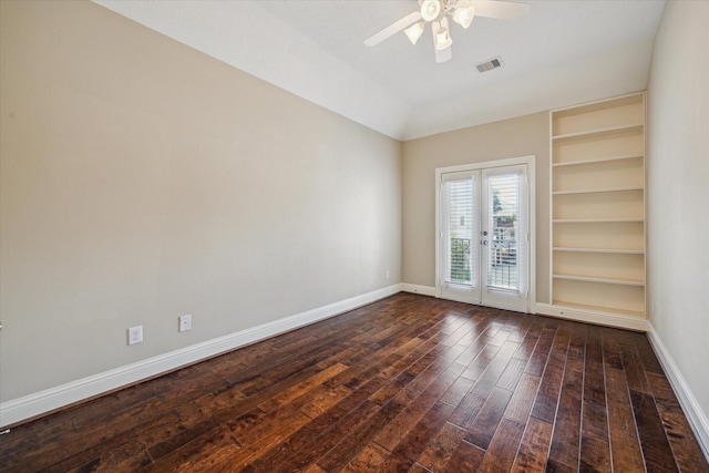 5708 Petty St Unit B, Houston, TX 77007 - unfurnished room with a ceiling fan, dark wood-style flooring, built in features, and lofted ceiling