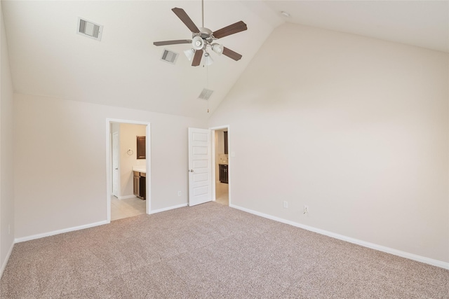 15315 Skyhill Dr, Cypress, TX 77433 - unfurnished bedroom with light carpet, high vaulted ceiling, ensuite bathroom, and a ceiling fan
