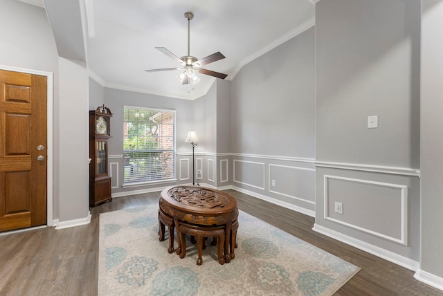 38318 E Sulphur Creek Dr, Magnolia, TX 77355 - living area with vaulted ceiling, crown molding, wood finished floors, a ceiling fan, and a wainscoted wall