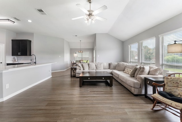 38318 E Sulphur Creek Dr, Magnolia, TX 77355 - living area featuring ceiling fan, dark wood-style flooring, lofted ceiling, and recessed lighting