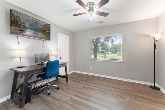 38318 E Sulphur Creek Dr, Magnolia, TX 77355 - office with a ceiling fan and wood finished floors