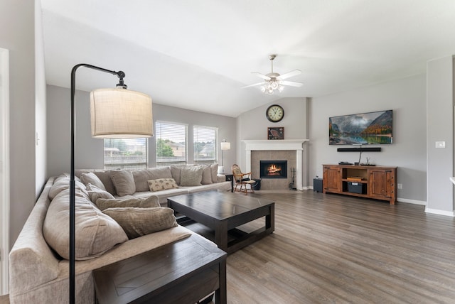 38318 E Sulphur Creek Dr, Magnolia, TX 77355 - living room with a ceiling fan, wood finished floors, a fireplace, and lofted ceiling
