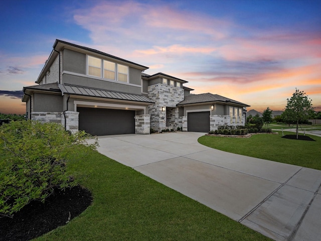 21310 Blue Wood Aster Ct, Cypress, TX 77433 - view of front of home with stone siding, driveway, a front yard, and stucco siding