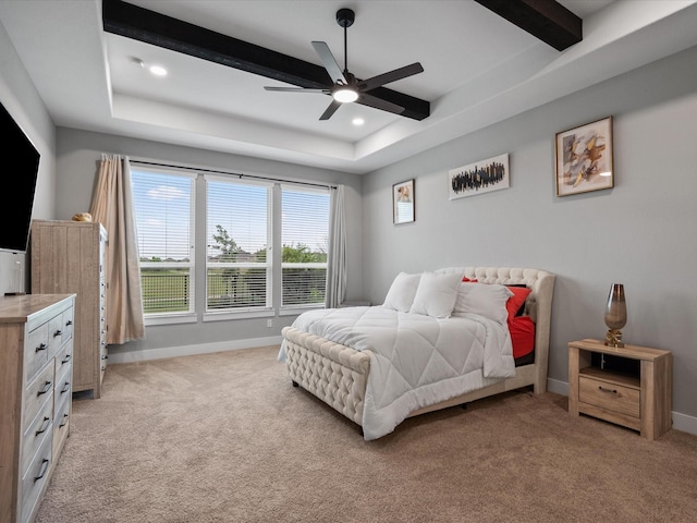 21310 Blue Wood Aster Ct, Cypress, TX 77433 - bedroom with light carpet, a tray ceiling, beamed ceiling, recessed lighting, and ceiling fan