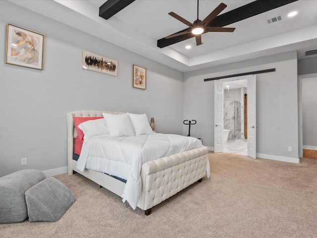 21310 Blue Wood Aster Ct, Cypress, TX 77433 - carpeted bedroom with recessed lighting, connected bathroom, beamed ceiling, and a ceiling fan