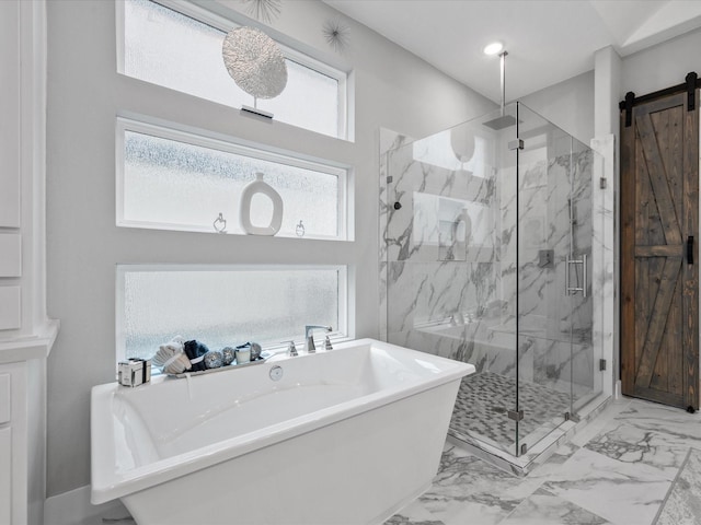 21310 Blue Wood Aster Ct, Cypress, TX 77433 - bathroom with a freestanding bath, a marble finish shower, marble finish flooring, and healthy amount of natural light