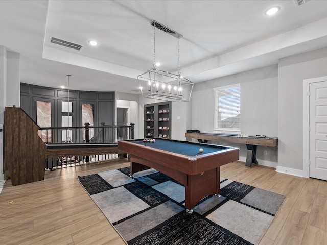 21310 Blue Wood Aster Ct, Cypress, TX 77433 - playroom featuring wood finished floors, billiards, recessed lighting, and a raised ceiling